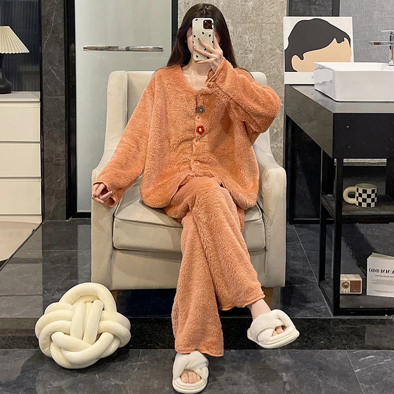 睡衣女秋冬季珊瑚绒大码加厚法兰绒2025新款时尚橘色春家居服套装