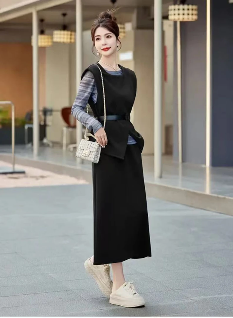 Y004春款时尚黑色套装复古休闲减龄