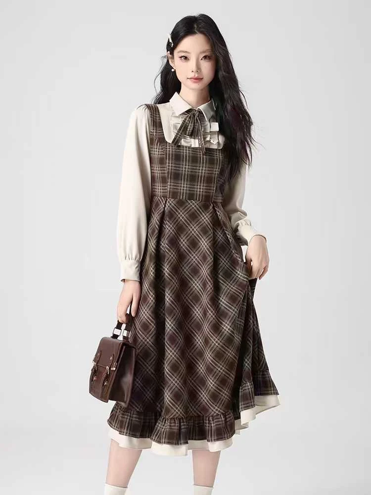 大码胖MM格纹连衣裙复古学院风假两件收腰显瘦新款