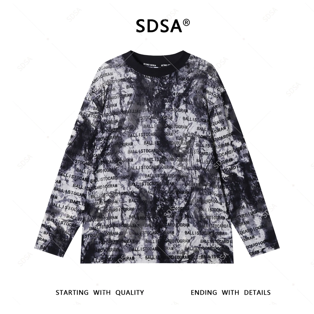 SDSA夏季新款男士痞帅美式满印字母圆领长袖T恤显瘦舒适百搭上衣