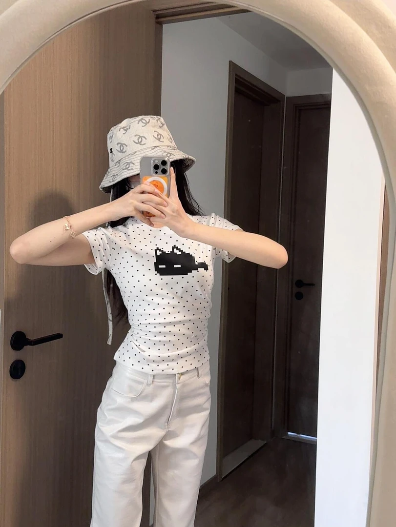 纯棉波点小猫印花短袖T恤女夏季新款圆领显瘦休闲百搭打底上衣ins