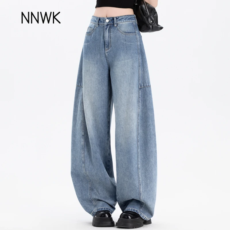 水洗复古蓝阔腿牛仔裤女2025春秋季宽松哈伦裤休闲镰刀裤弯刀裤子