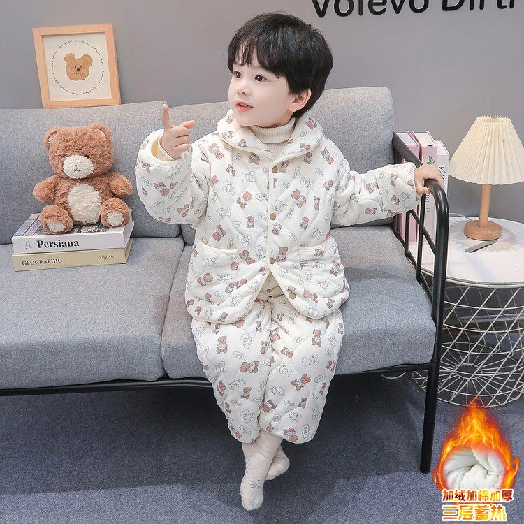 男童睡衣三层夹棉加厚珊瑚绒小男孩可外穿冬款睡袄套装儿童家居服