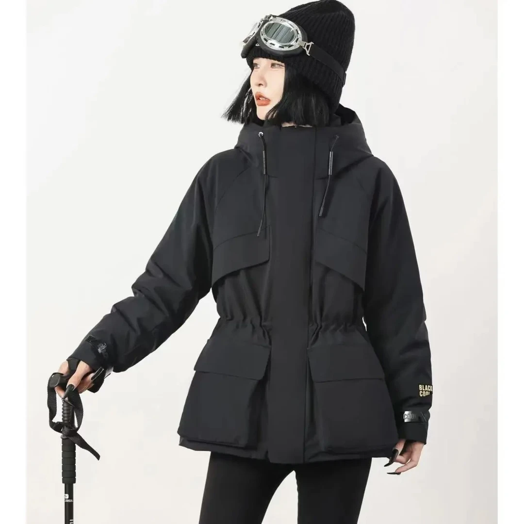 欧货2024冬季加厚冲锋衣派克服外套女收腰连帽中长款黑金棉服