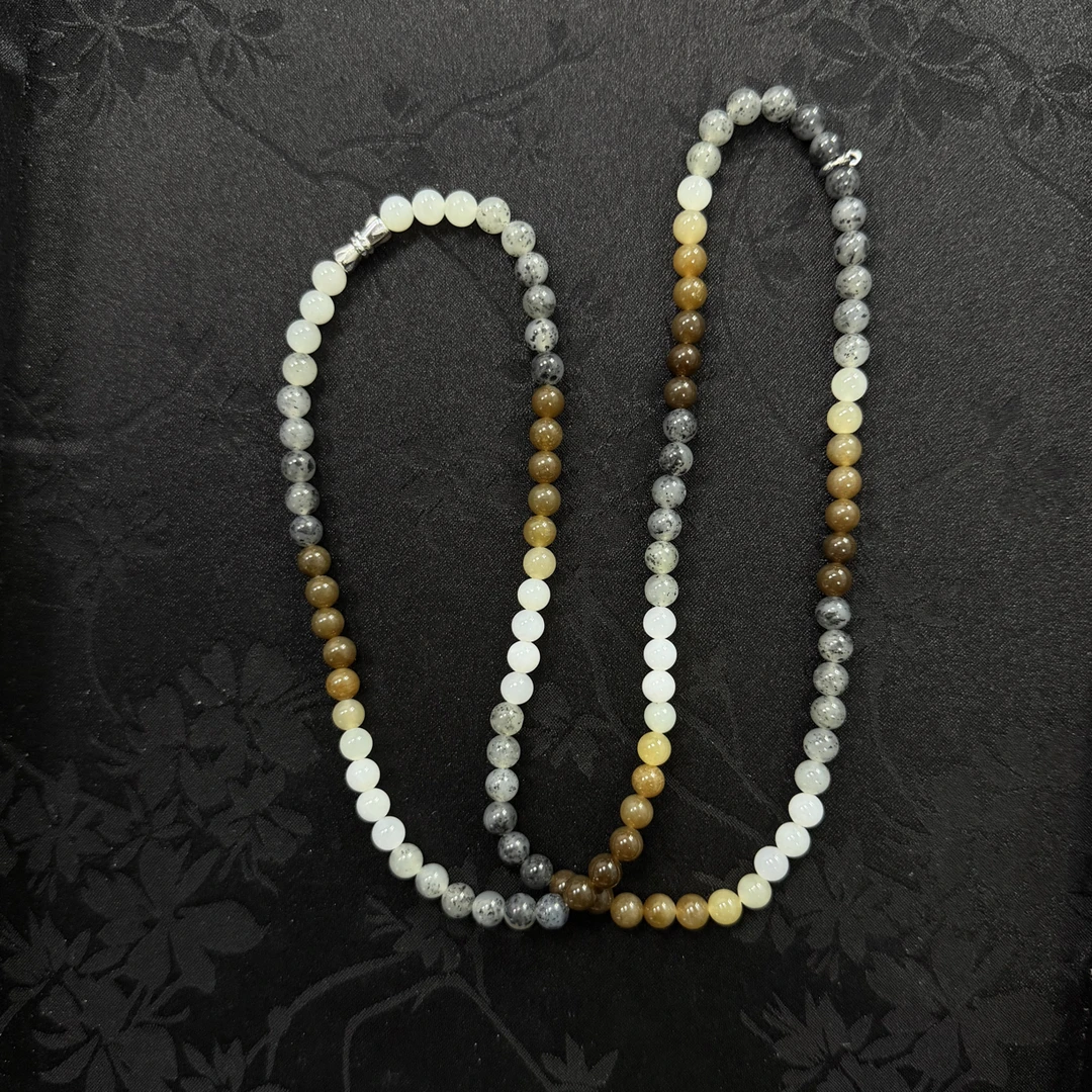 OXL006和田玉楼兰三色108项链单珠6mm