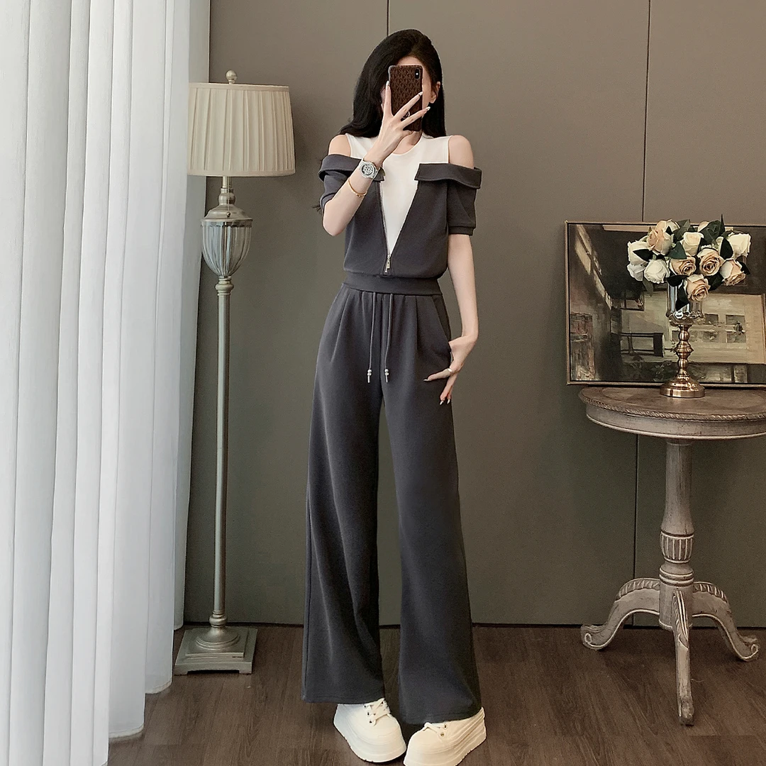 洋气时髦休闲运动套装女夏2025新款灰色露肩短袖上衣阔腿裤两件套