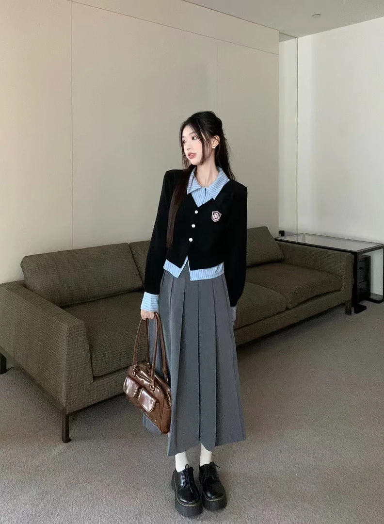 0267学院风秋季新款设计感小众POLO领百搭韩系假两件衬衫女+半裙