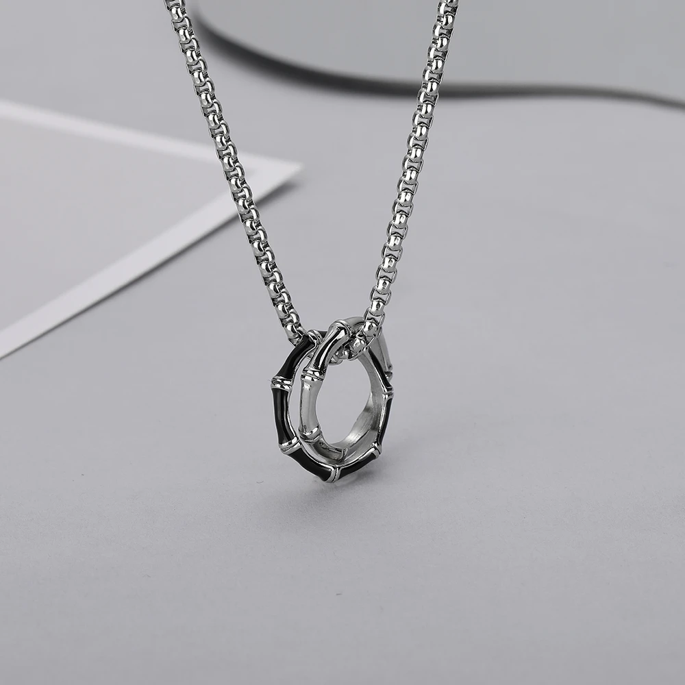 卡兰茵 不锈钢吊坠 竹节双环项链男款时尚百搭个性潮流素款坠链