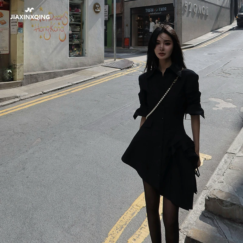 JIAXINXQING2025早春新款黑色长袖收腰百褶双层时尚衬衫裙设计款