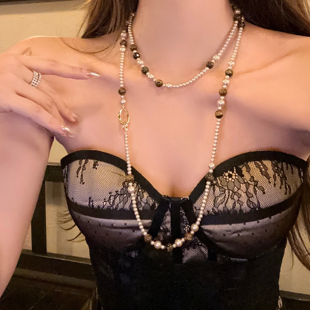 铜合金仿珍珠项链 暮色松茶 双层虎眼石珍珠项链长款秋冬小香配饰