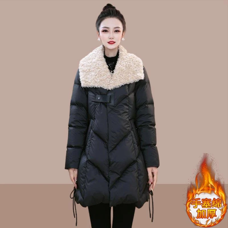 轻奢小众设计感棉服女2025年冬季新款拼接翻领加厚中长款外套棉衣