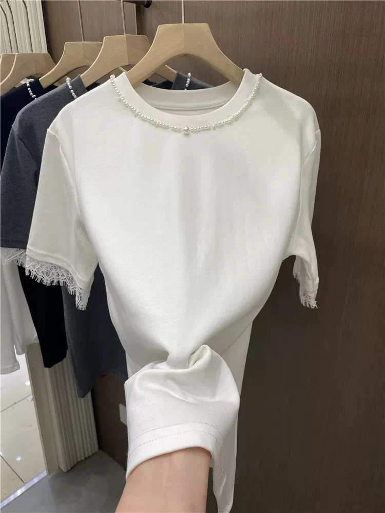 （刘敏服装）5535珍珠圆领T恤袖口蕾丝边洋气T恤