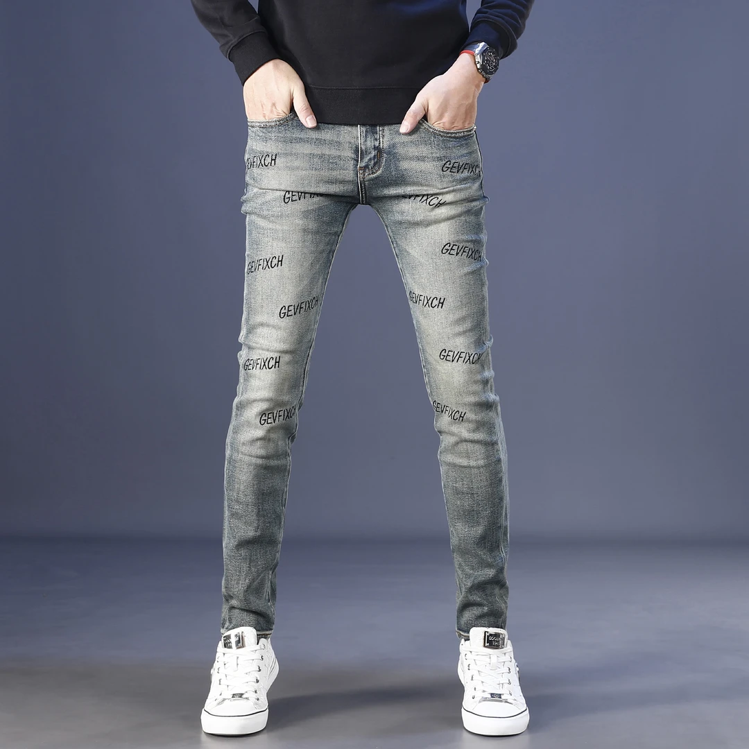 复古印花蓝色牛仔裤男款修身小脚秋冬爆款2025新款弹力男牛仔