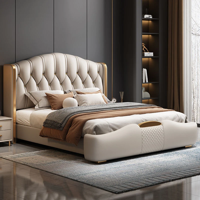 高级轻奢加厚头层牛皮床软包床主卧室双人床真皮床豪华主卧室#885