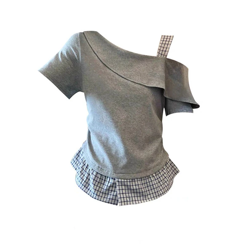 特大码200斤学院风别致拼接设计感遮肉斜肩短袖t恤女夏季显瘦上衣