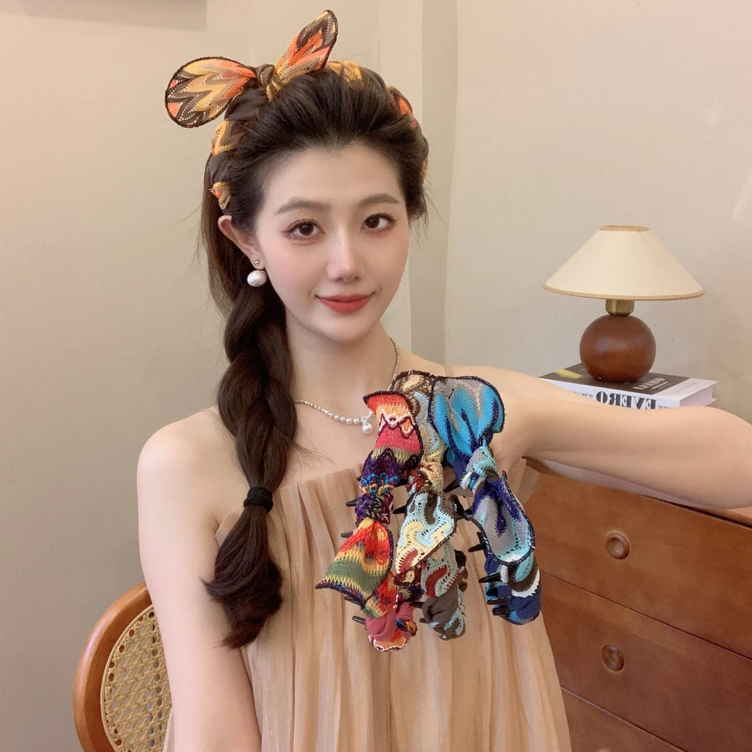【夏日缤纷】热情明媚新款撞色兔耳朵纽结反着戴齿梳发箍甜妹高颅顶