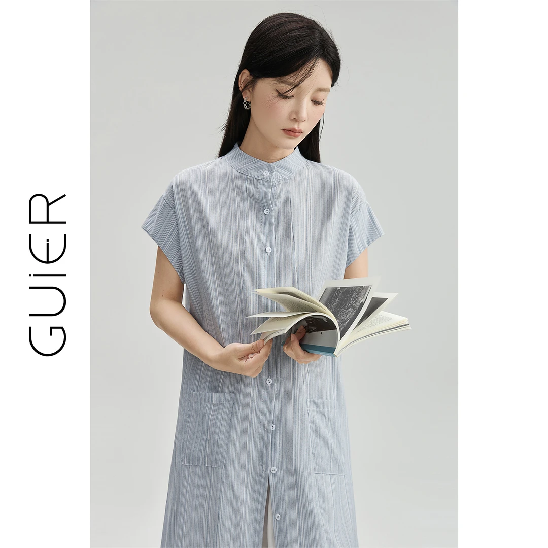 「GUIER」条纹衬衫连衣裙女2025新款夏季中长款休闲叠穿裙子G5716