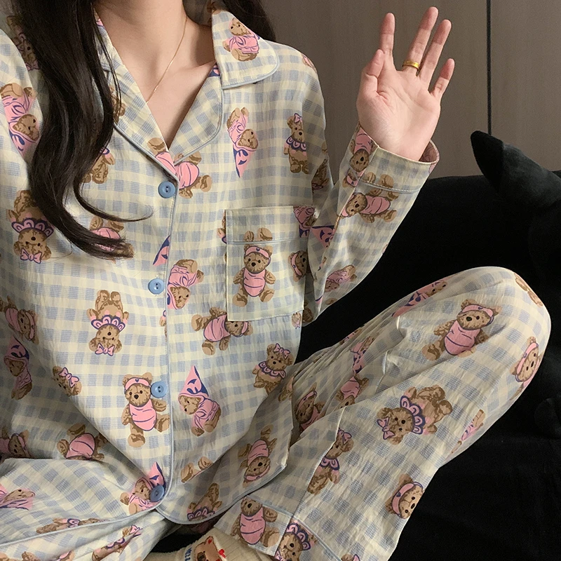 2025新款甜美风睡衣女春秋季蓝格小粉熊可外穿长袖两件套装家居服