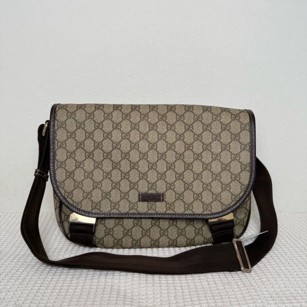 95新 GUCCI/古驰 5249/男士经典棕老花双扣邮差包