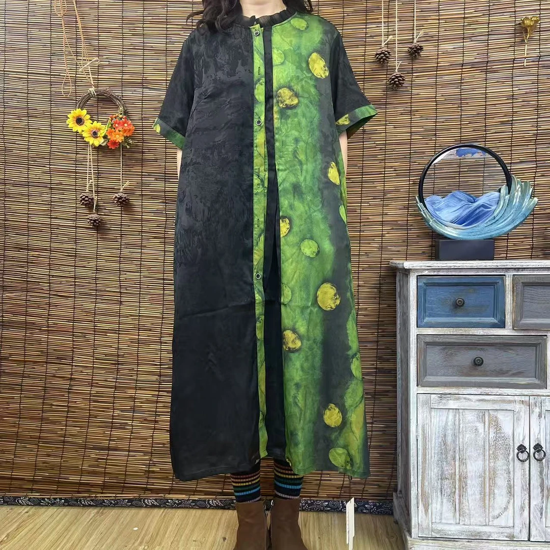 6030单排扣草绿圆圈文艺优雅时尚气质印花长款大摆连衣裙