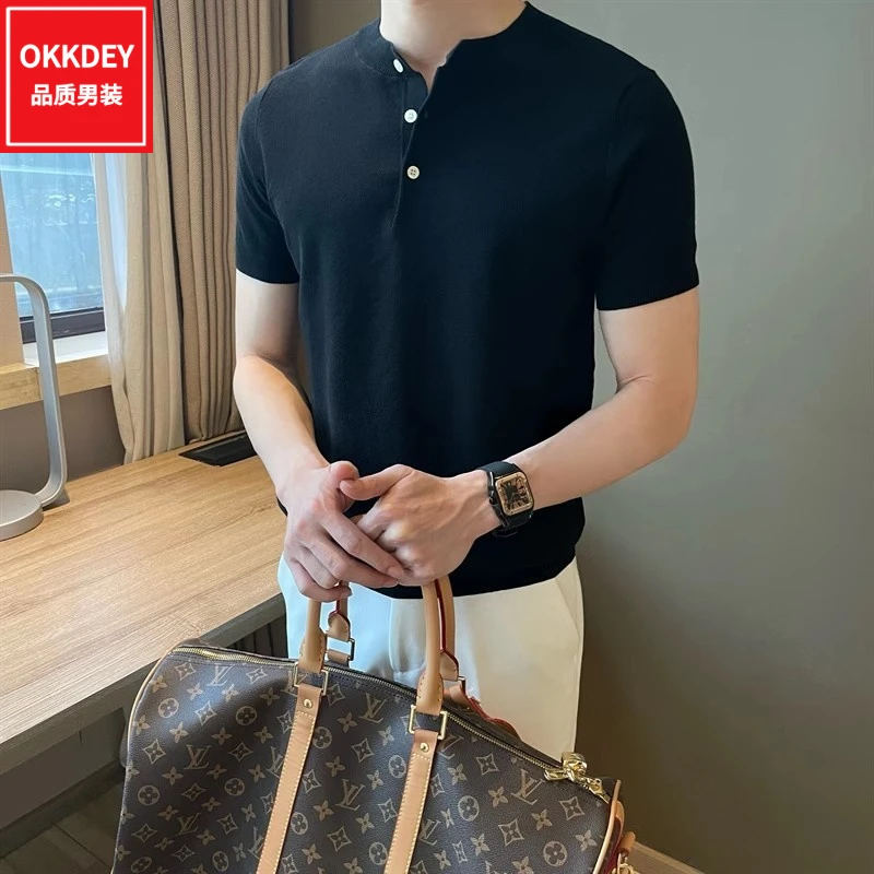 夏季新款男士针织短袖t恤休闲轻熟风半袖衫高级感轻奢男装上衣服