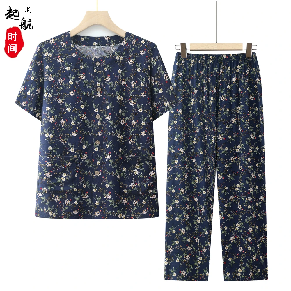 中老年女装妈妈夏装奶奶休闲时尚绵绸套装透气老年人短袖上衣薄款