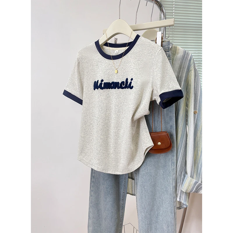 洋气休闲风撞色圆领T恤夏季新款宽松显瘦拼接短袖减龄时髦上衣ins