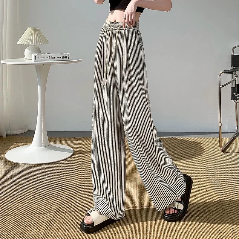 2025夏季新款百搭遮肉显瘦显气质休闲条纹宽松直筒裤时尚