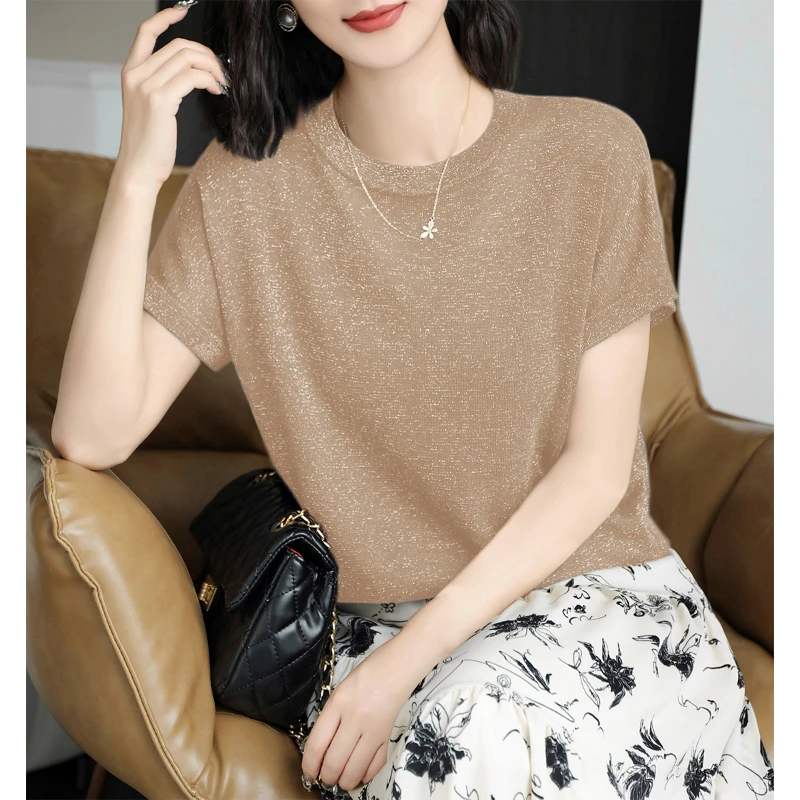 温柔风设计细闪圆领宽松显瘦小飞袖t恤女装夏季时尚百搭薄款上衣