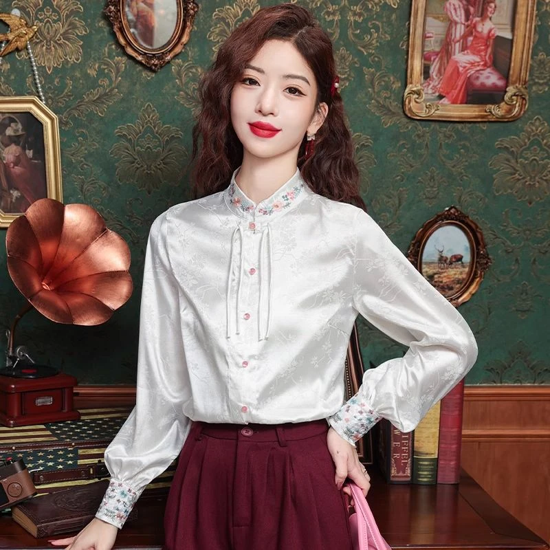 轻国风日常气质汉元素刺绣衬衫女春季新款新中式提花衬衣复古上衣