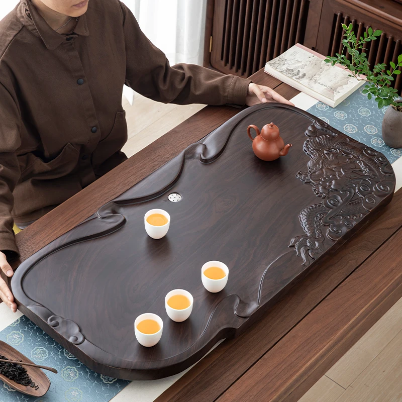 茶盘家用大号一体雕刻祥龙胡桃色木纹办公茶茶桌茶台功夫泡茶托盘
