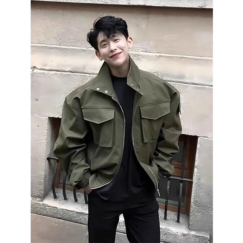 军绿色轻骑兵夹克外套男春秋款痞帅美式飞行服短款廓形立领棒球服