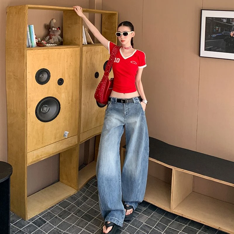 美式复古弯刀阔腿牛仔裤女2025秋季新款高腰宽松显瘦镰刀拖地裤子