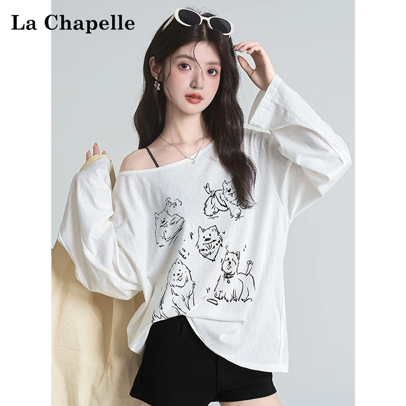 拉夏贝尔白色长袖t恤女薄款印花防晒罩衫宽松休闲斜肩一字肩上衣