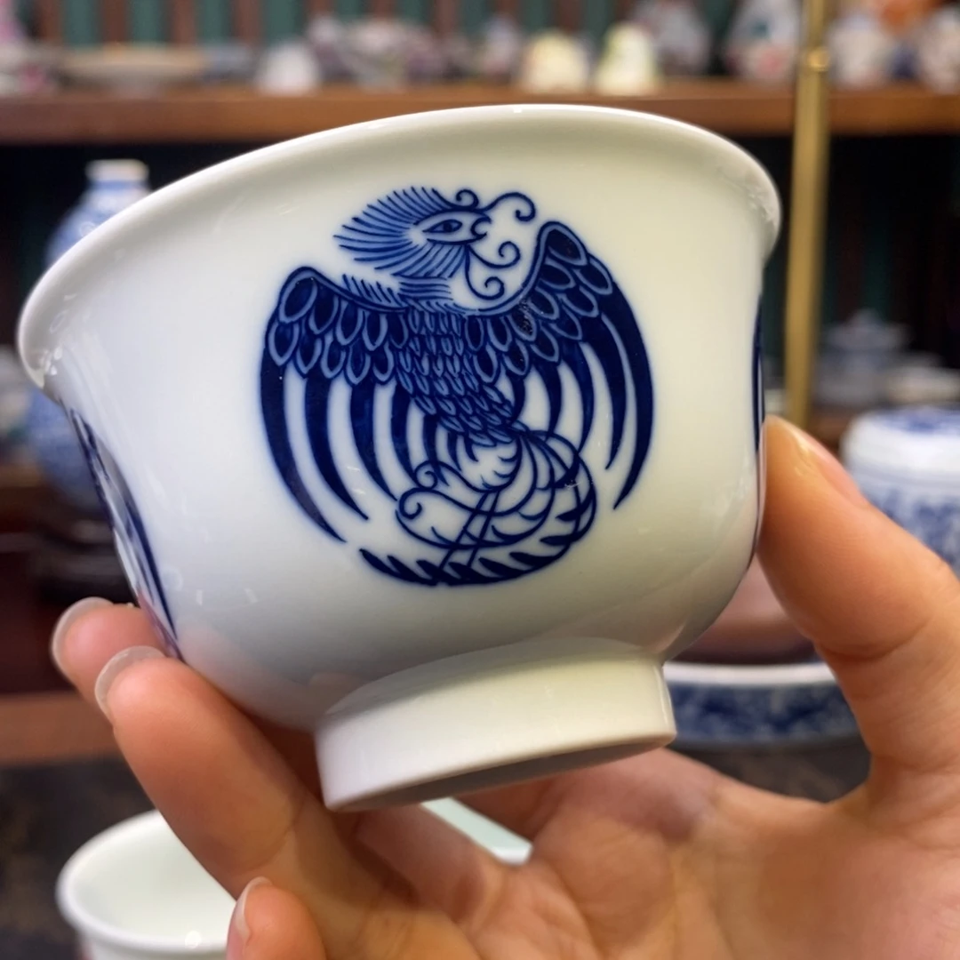 手工陶瓷团凤撇口杯