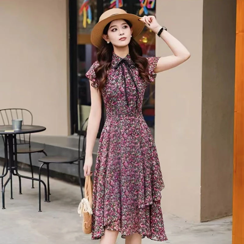 {专柜}同款夏季2025年修身收腰系带碎花雪纺连衣裙流行1500456