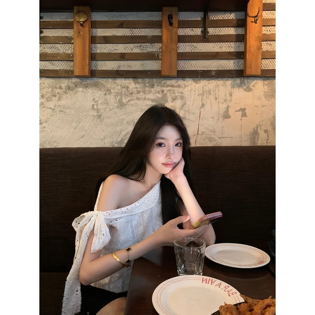 【茉莉日光】白色重工刺绣拼接斜肩绑带小衫短款衬衫韩系百搭女夏