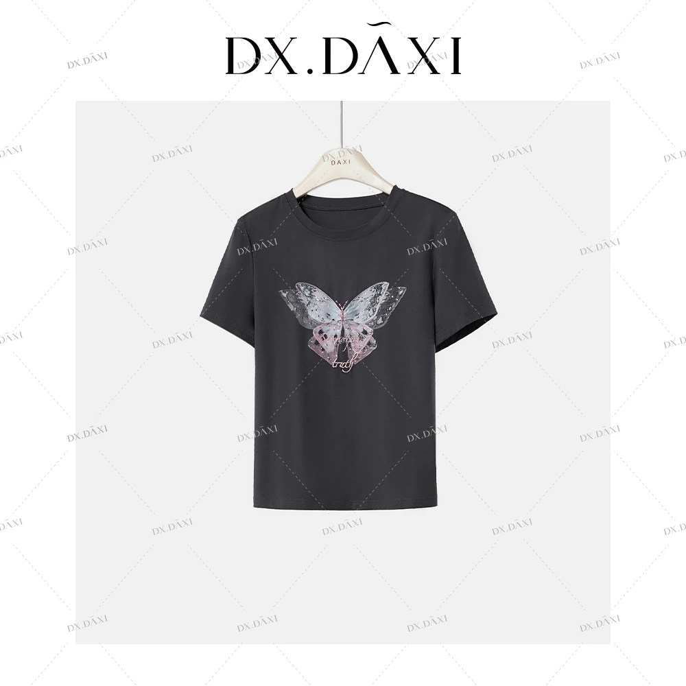 代大喜【蝴蝶话语】短袖休闲显瘦印花百搭圆领宽松T恤2025夏季新款