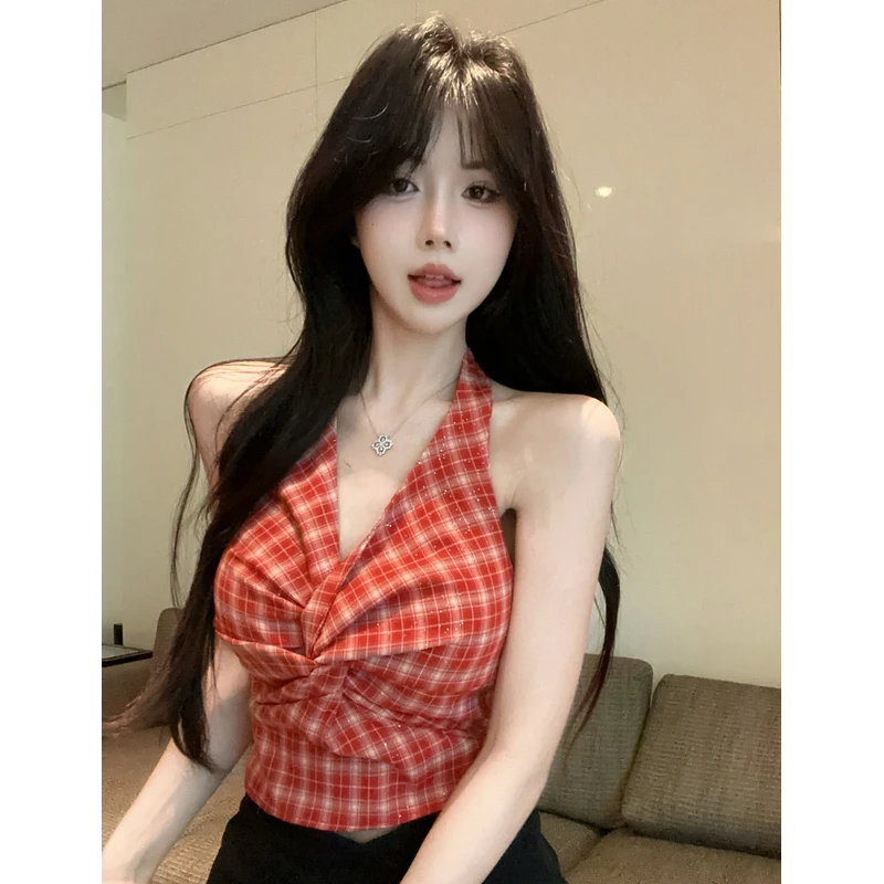 辣妹别致扭结多巴胺细闪格纹V领挂脖修身背心甜辣小衫无袖上衣女