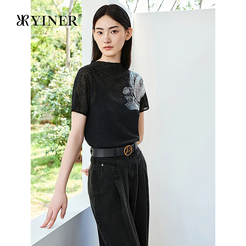 YINER音儿2025夏季新款法式优雅衬衫压褶轻薄艺术感印花上衣