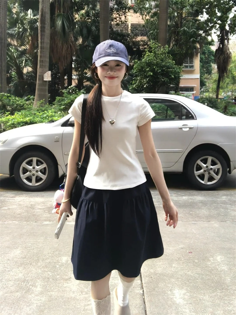 夏季新款今年流行百搭好穿一整套圆领正肩纯系简约短袖松紧腰半裙