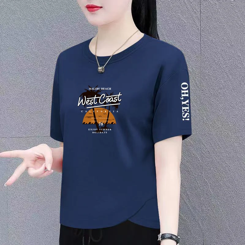 不规则短袖t恤女夏季纯棉宽松减龄洋气简约爆款圆领开叉半袖体恤