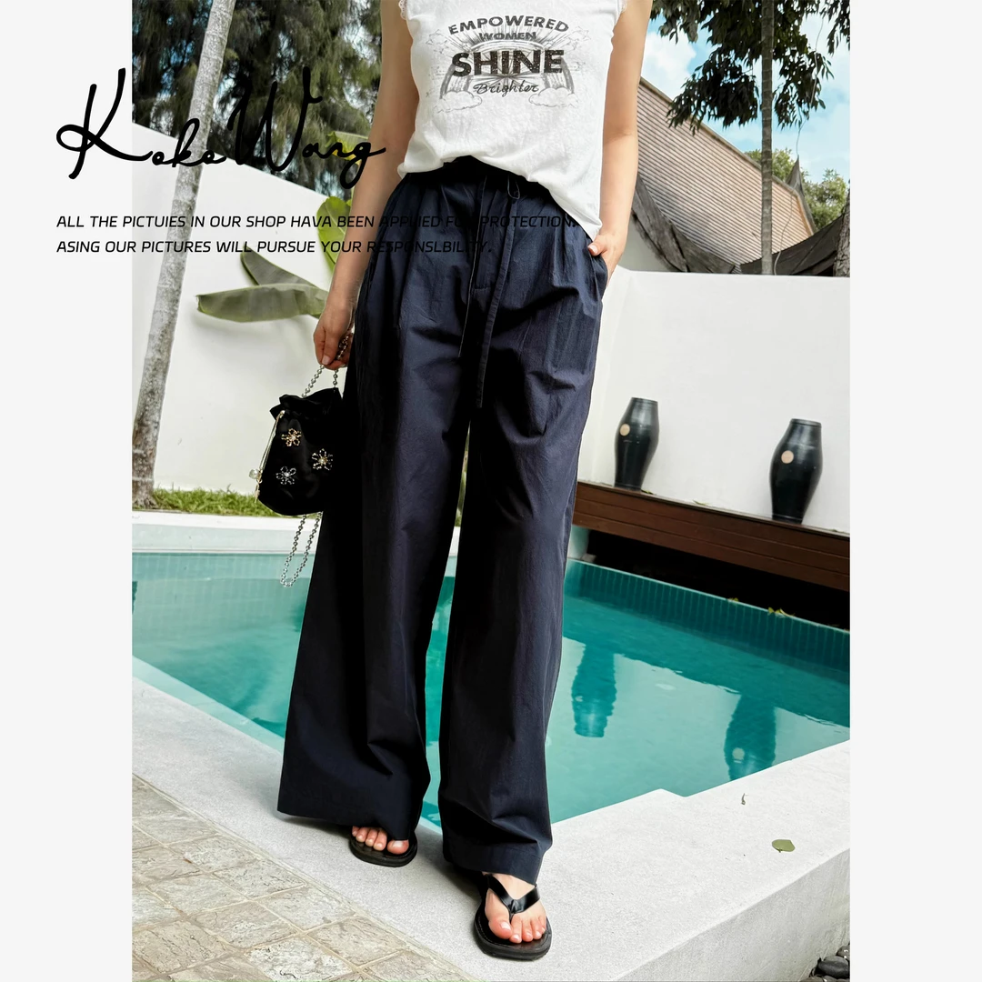 KOKO WANG早春汉麻混纺抽绳阔腿高腰显瘦百搭休闲裤542344K25K41