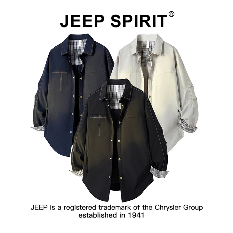 JEEPSPIRIT吉普美式复古工装衬衫男士秋季款宽松休闲长袖衬衣外套