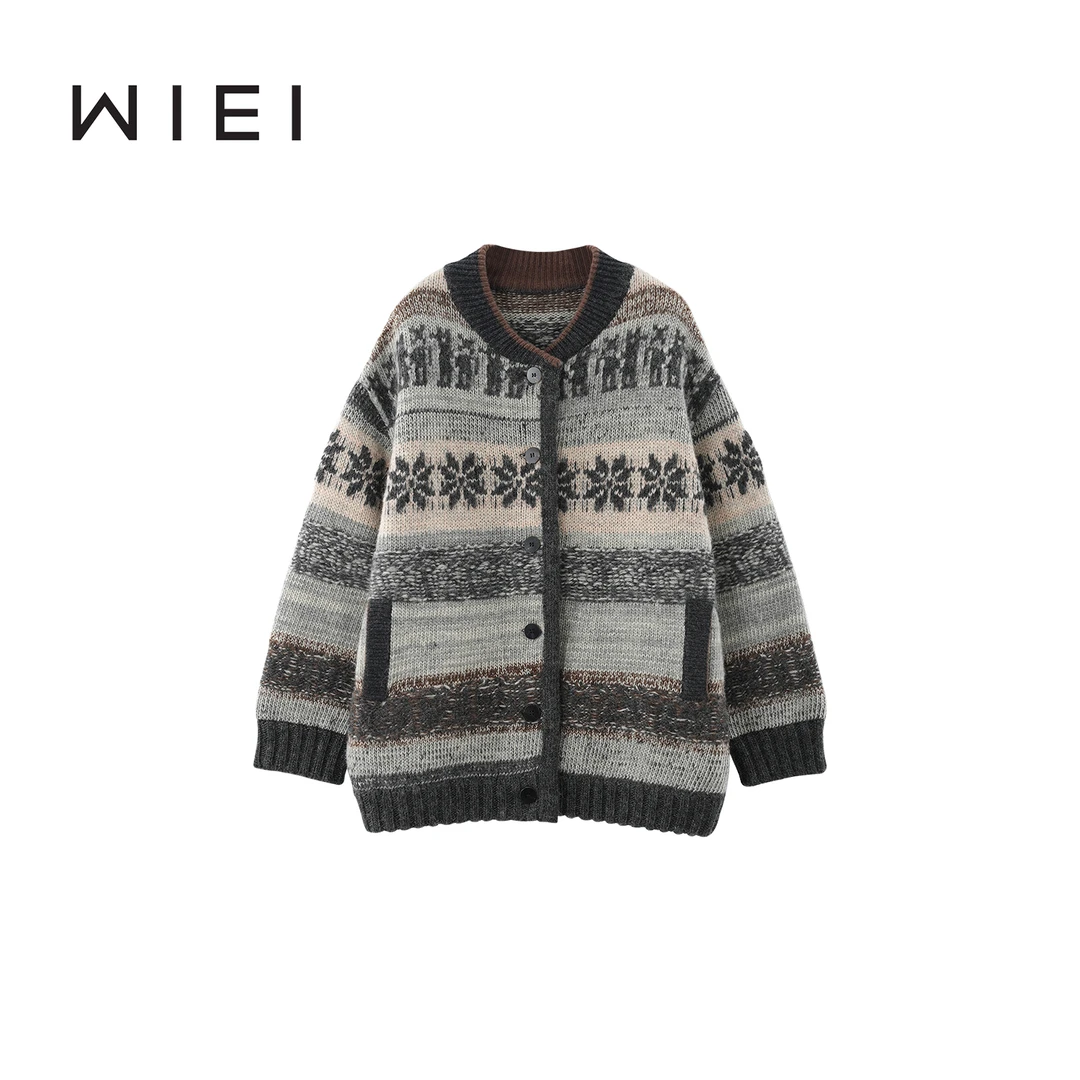 《WI EI》约德尔*100%全羊毛氛围感提花撞色针织开衫外套W25309012