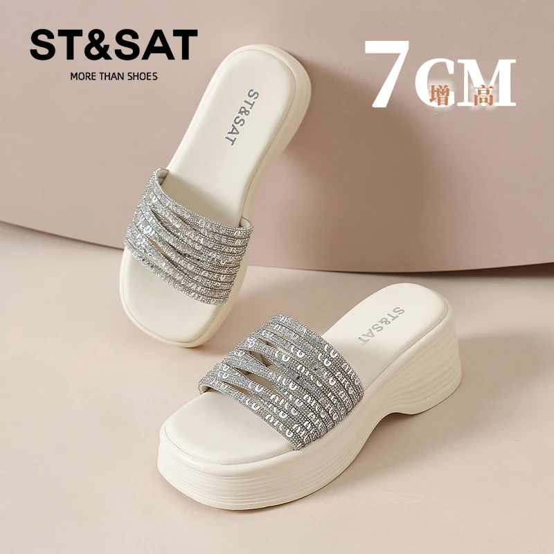 星期六高跟水钻拖鞋女7cm舒适露趾一字拖秋季百搭配裙子法式凉拖