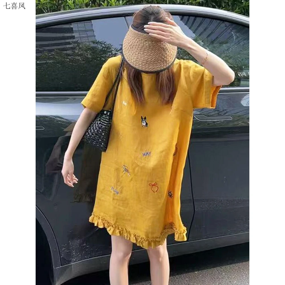 新款独特漂亮裙子木耳边刺绣连衣裙女超好看流行爆款黄色质棉工艺
