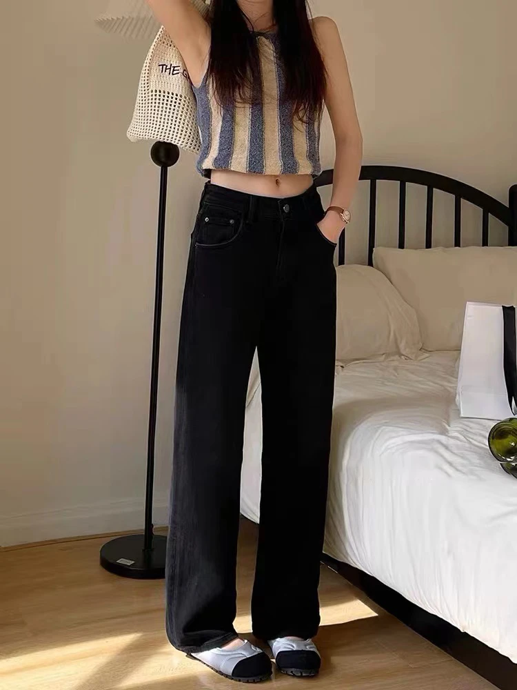 91952 平平 新款高腰黑色显瘦窄版直筒阔腿裤98裤长牛仔裤女