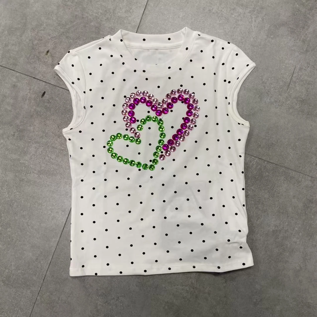 YNYC【爱心波点T】欧货重工钉珠爱心百搭短袖T恤  KTT2506018