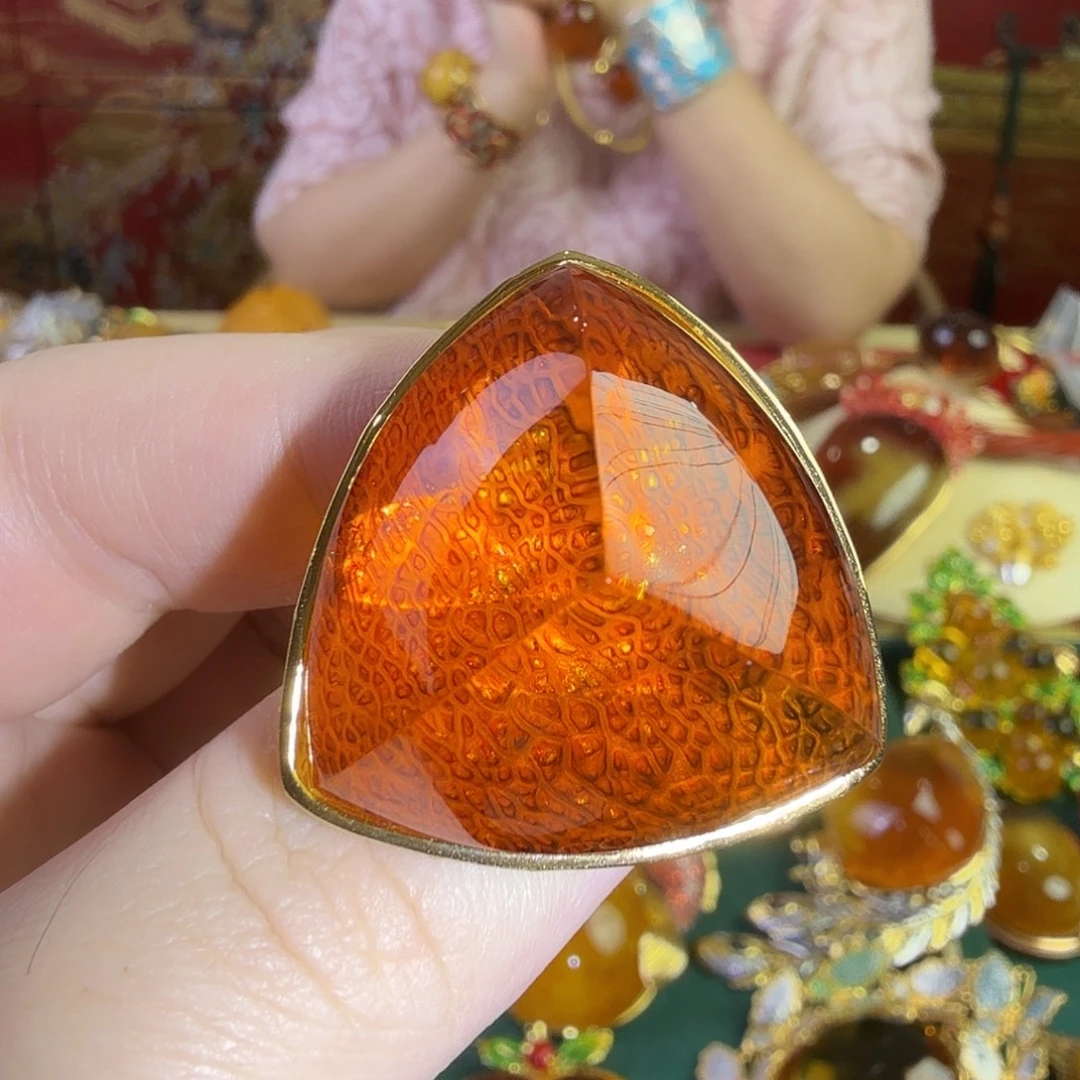 琥珀银S925镀金镶嵌戒指